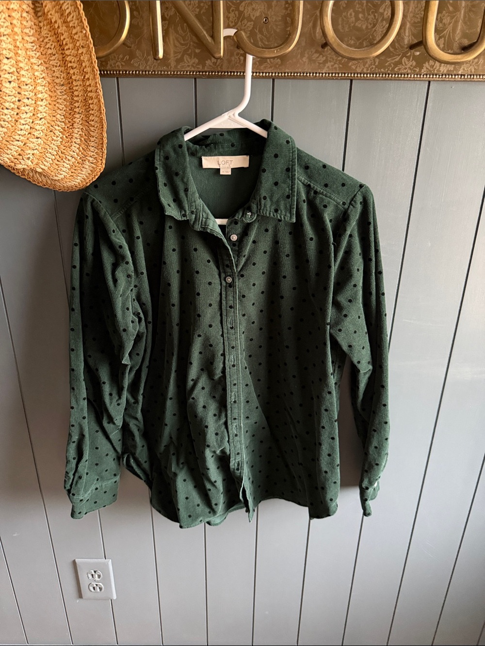 LOFT Dark Green Button-Down Shirt with Black Polka Dots